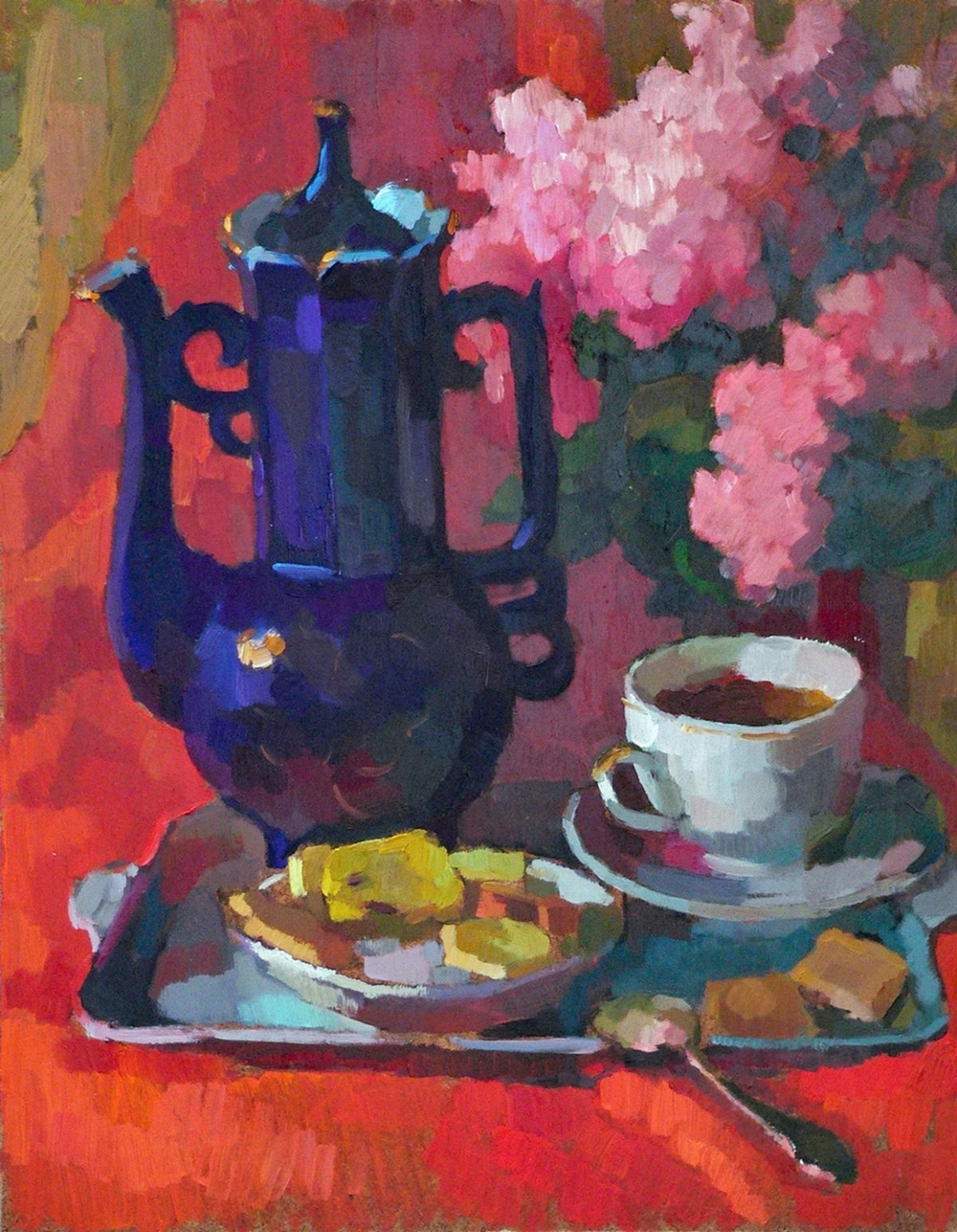 Still life with blue coffee pot on red