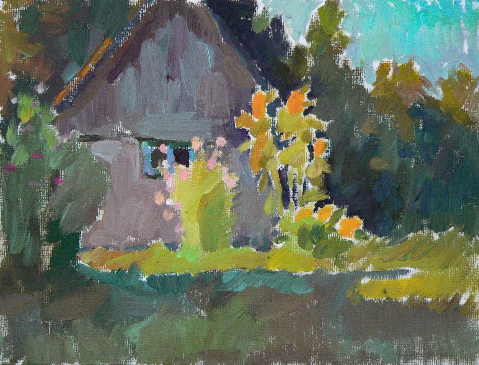 Etude, house with sunflowers, in a village