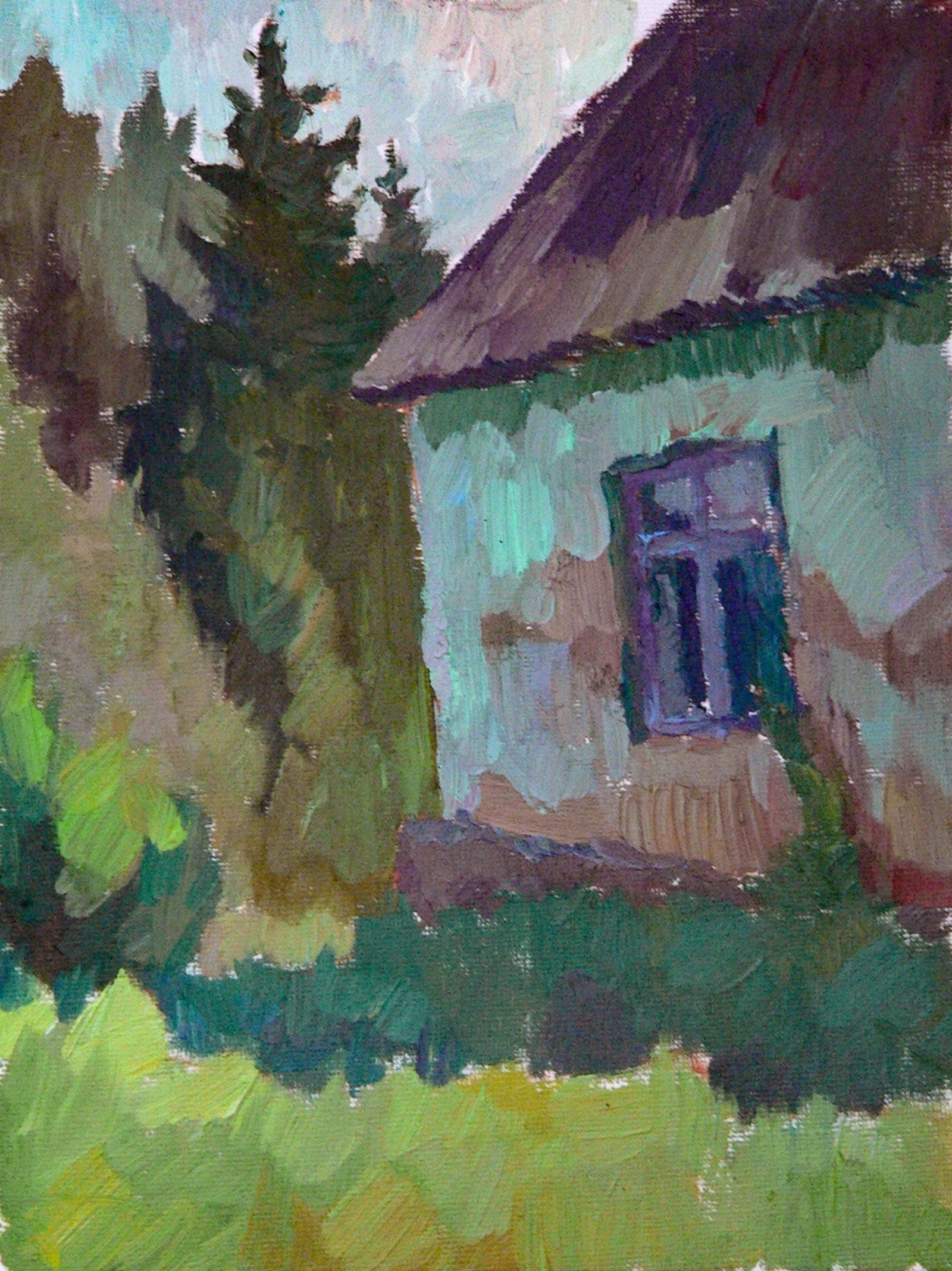 Study, a house with a window and a forest, in a village