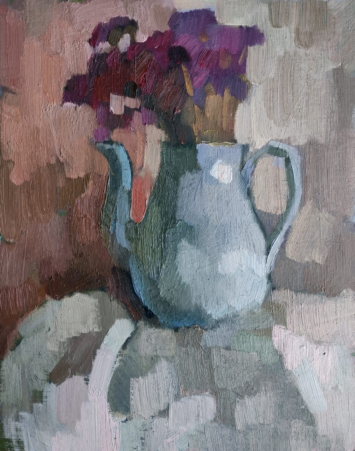 Still life with red flowers in a clay teapot