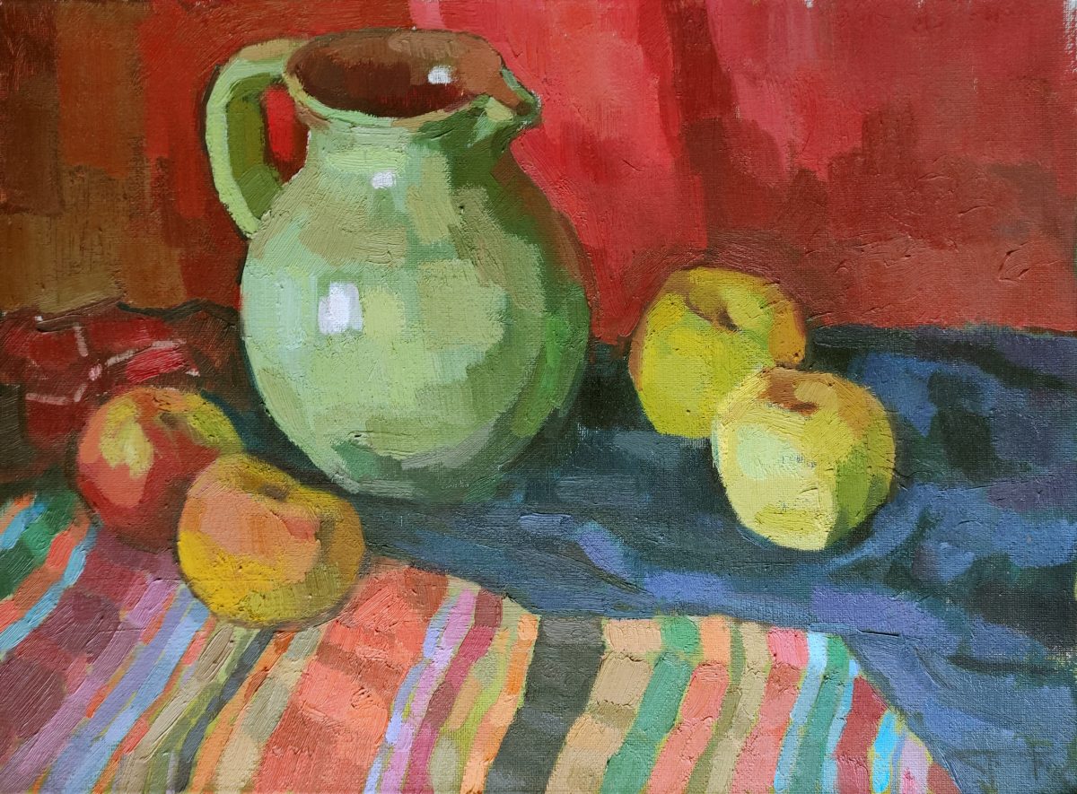 Still life with apples and a jug