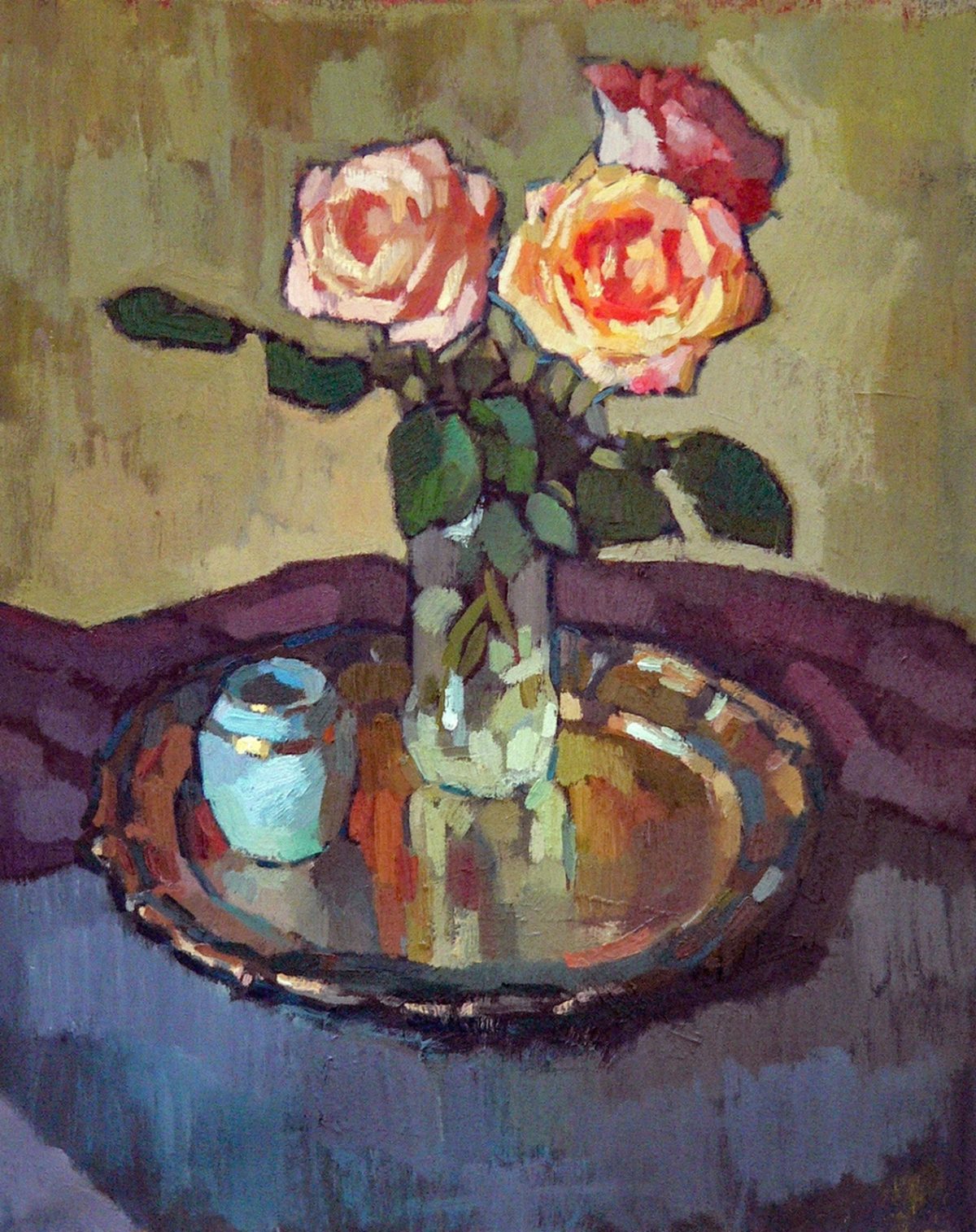 Still life with roses on a tray