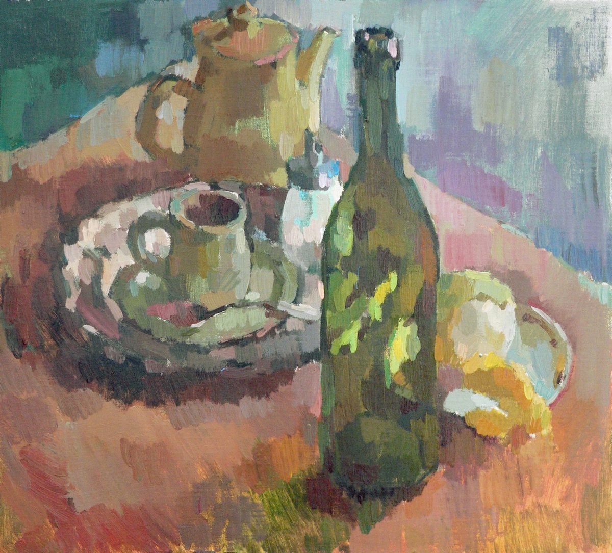 Still life with teapot, bottle and lemon