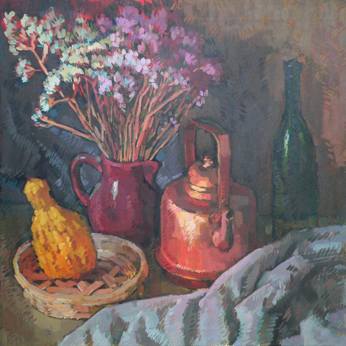 Still life with a copper kettle, pumpkin and a dry bouquet