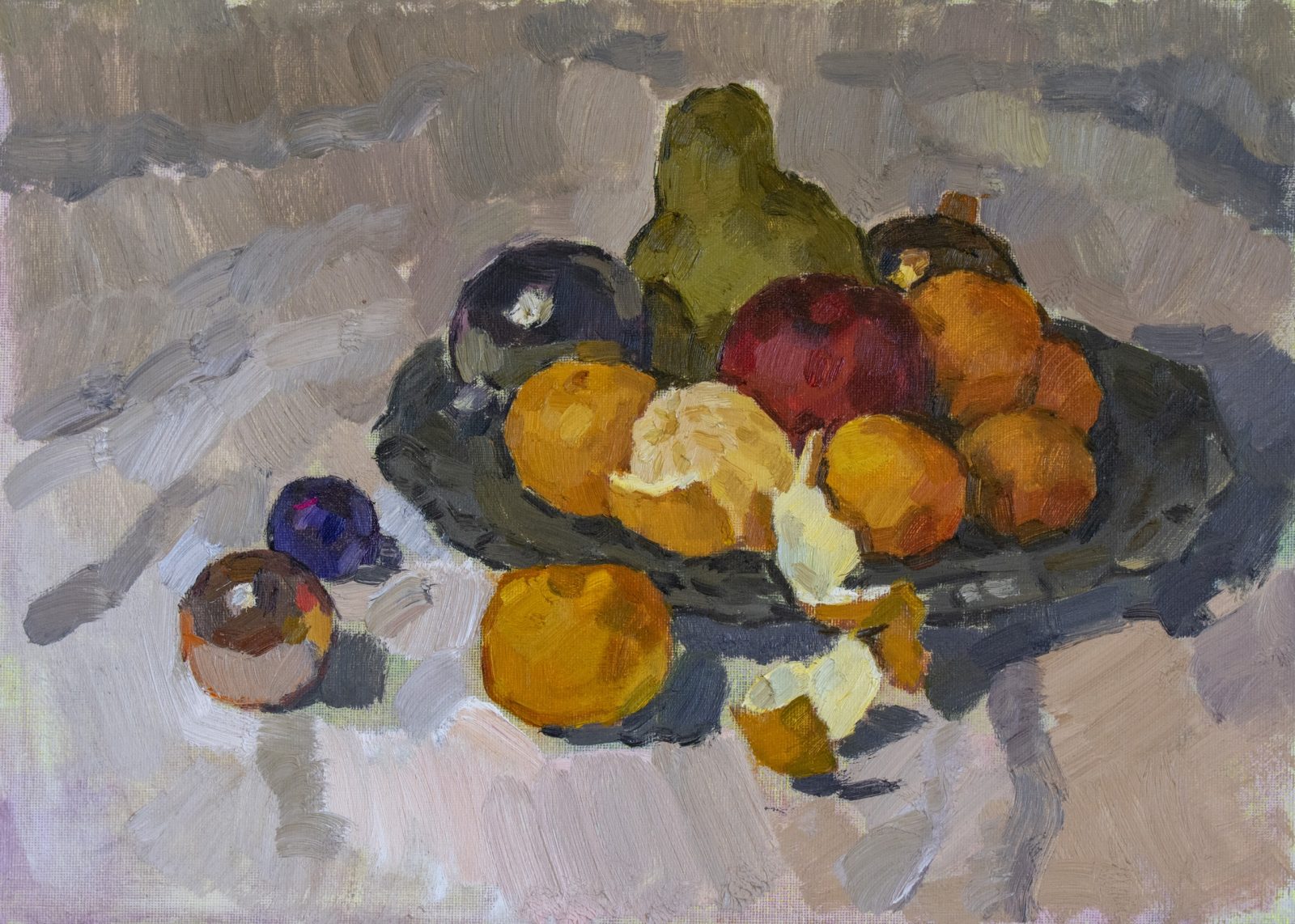 Still Life with Christmas Ornaments and Fruits